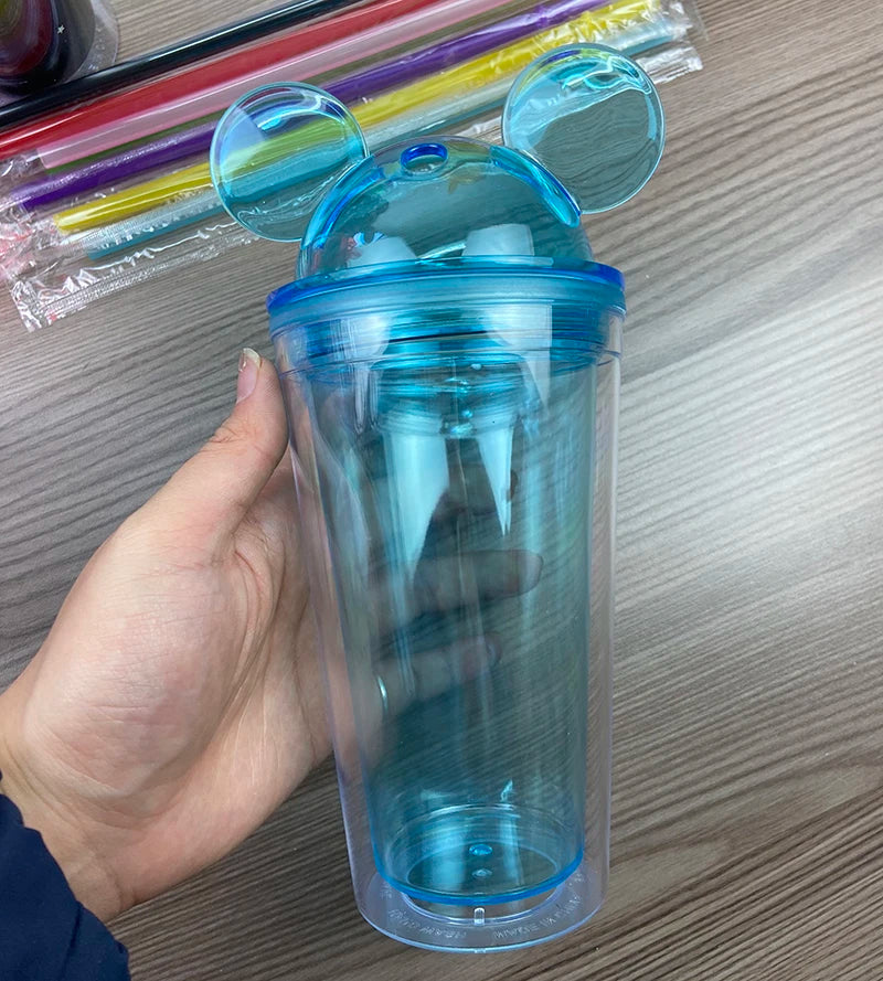 New Style 16oz Double Wall Plastic Cups with Straw and Dome Lid Reusable Acrylic Clear Mouse Ear Tumbler Ice Coffee Cup
