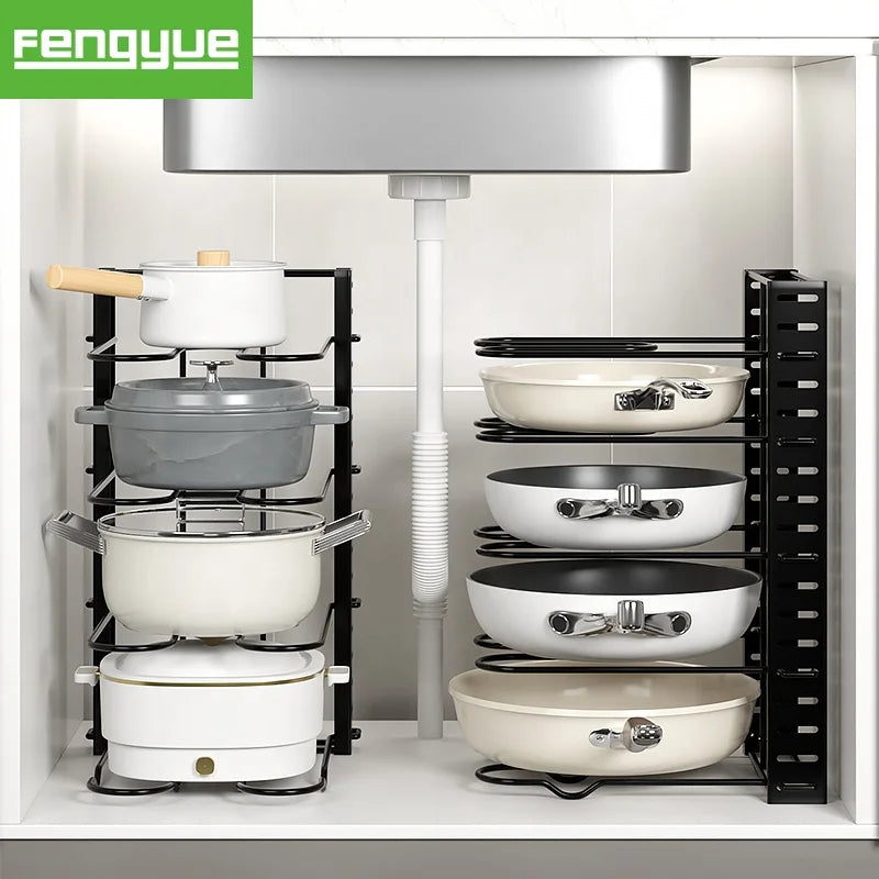 5-Tier Pot and Pan Organizer Rack for Cabinet Premium Heavy Duty Black Powder Coated With Vertical and Horizontal Use Design
