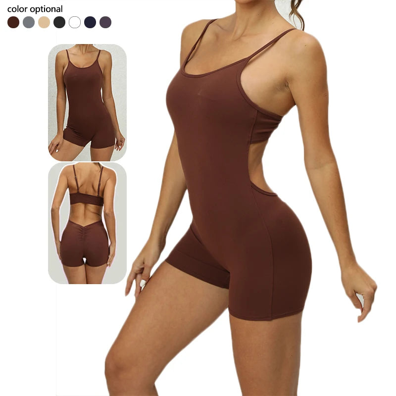 Quick Dry Stretchy Compression Yoga Bodysuit for Women Short Length Scrunch Sports Jumpsuit