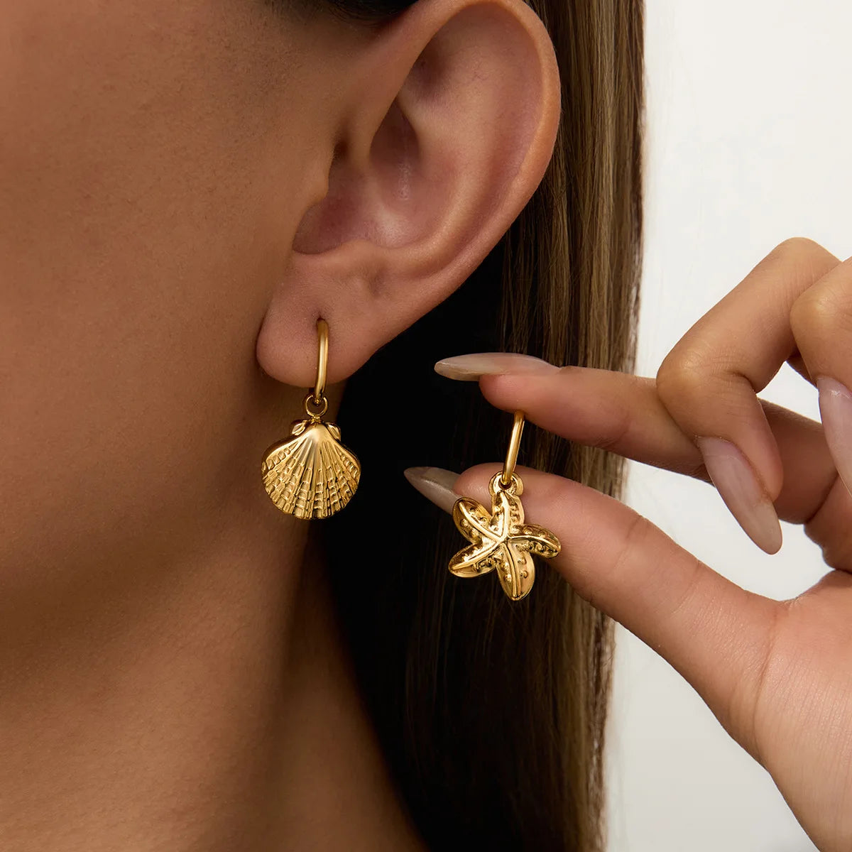 New Style Beach Waterproof Jewelry 18K Gold Plated Earring Stainless Steel Ocean Threaded Conch Shell Earrings