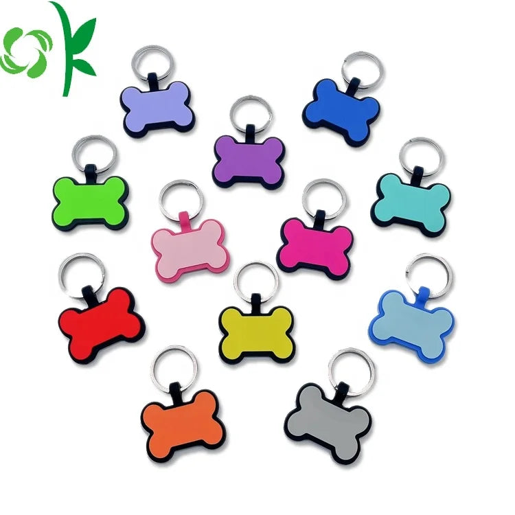OKSILICONE Laser Engraved Logo Tag Fashionable Silicone Pet Name Tag Print for Cats or Dogs Bone Shaped with Key Ring Animal