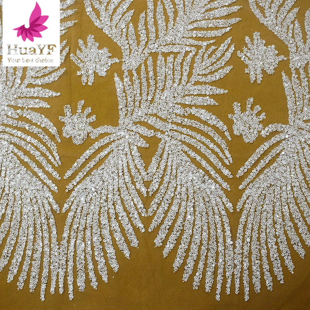 HY2702-4 Top Wholesale White Lace Fabric Beading Embroidery Wedding Dress Evening Dress Sequins Net Lace