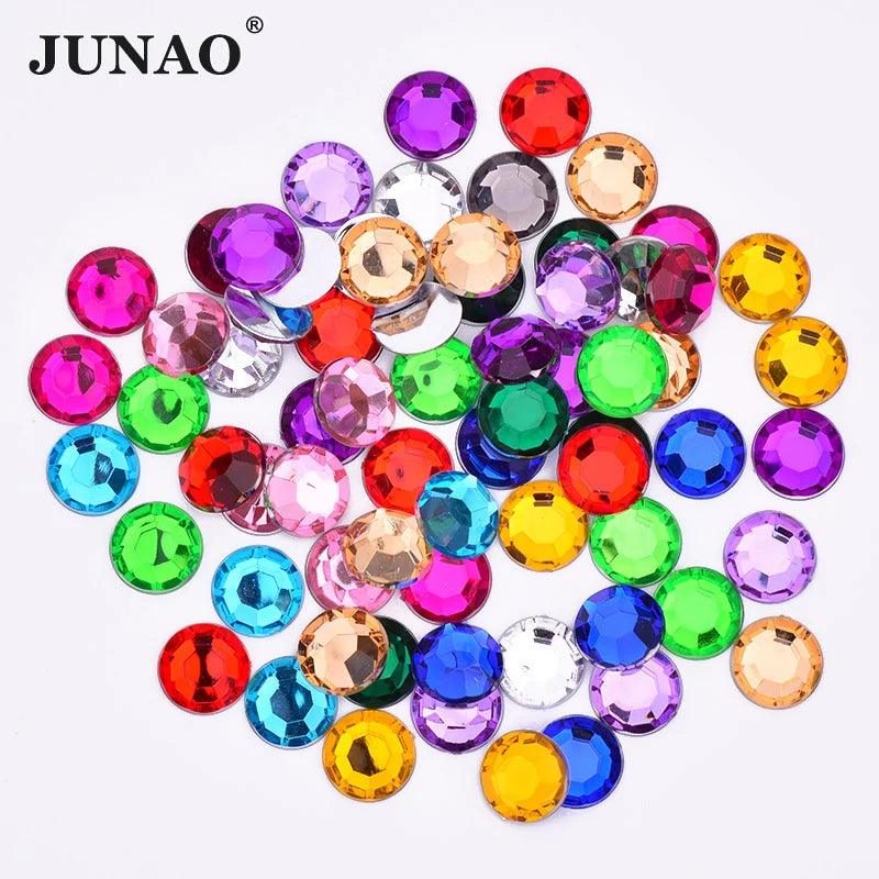 JUNAO Factory Wholesale 12mm Flatback Glue on Crystal Strass Mix Color Acrylic Round Rhinestone for DIY Crafts