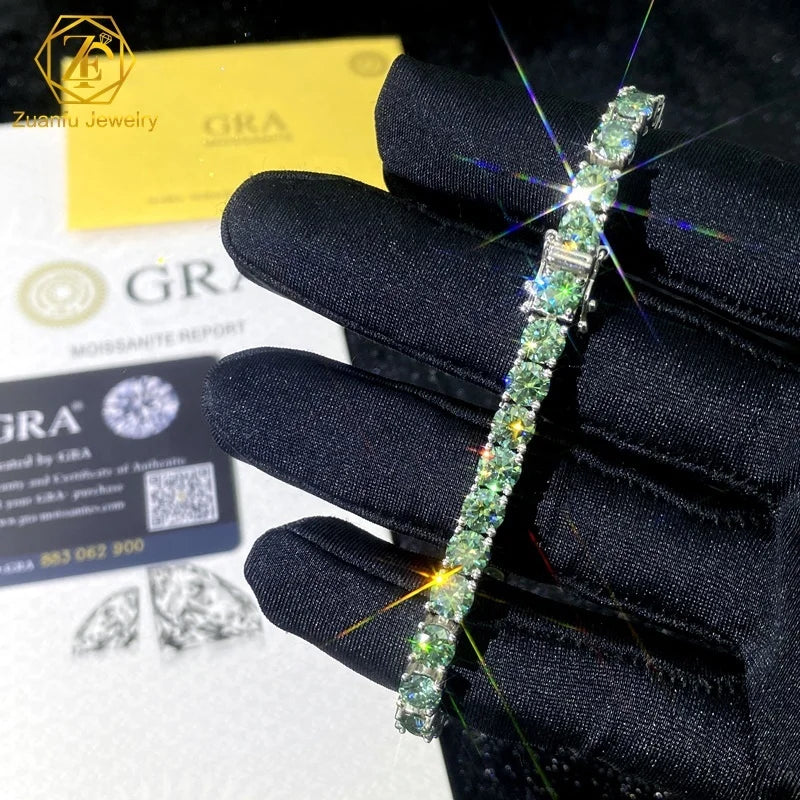 Synthetic Gems Unique Color Hip Hop Chain 925S 3mm 4mm 5mm 6.5mm Blue Green Moissanite Bracelet Tennis Chains 925S for Lady Gift