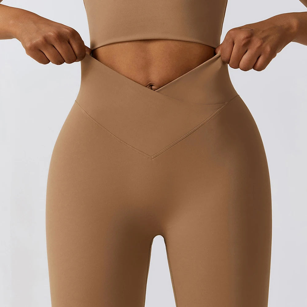 Custom Fitness Yoga Pants Workout Women V Cut Crossover Waist High Waisted Crossover Leggings With Pockets