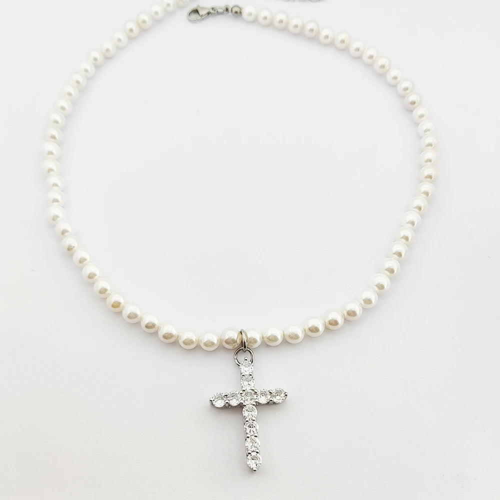 Cross Necklace for Men Pearl Necklace 18inch Choker With CZ Cross Pendant Accessories Jewelry Men Pearl Necklace Men