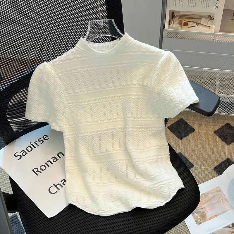 Boutique Wholesale 2025  Summer New Fashion Stand Up Collar Short Sleeved Knitted Short Women's T-shirt