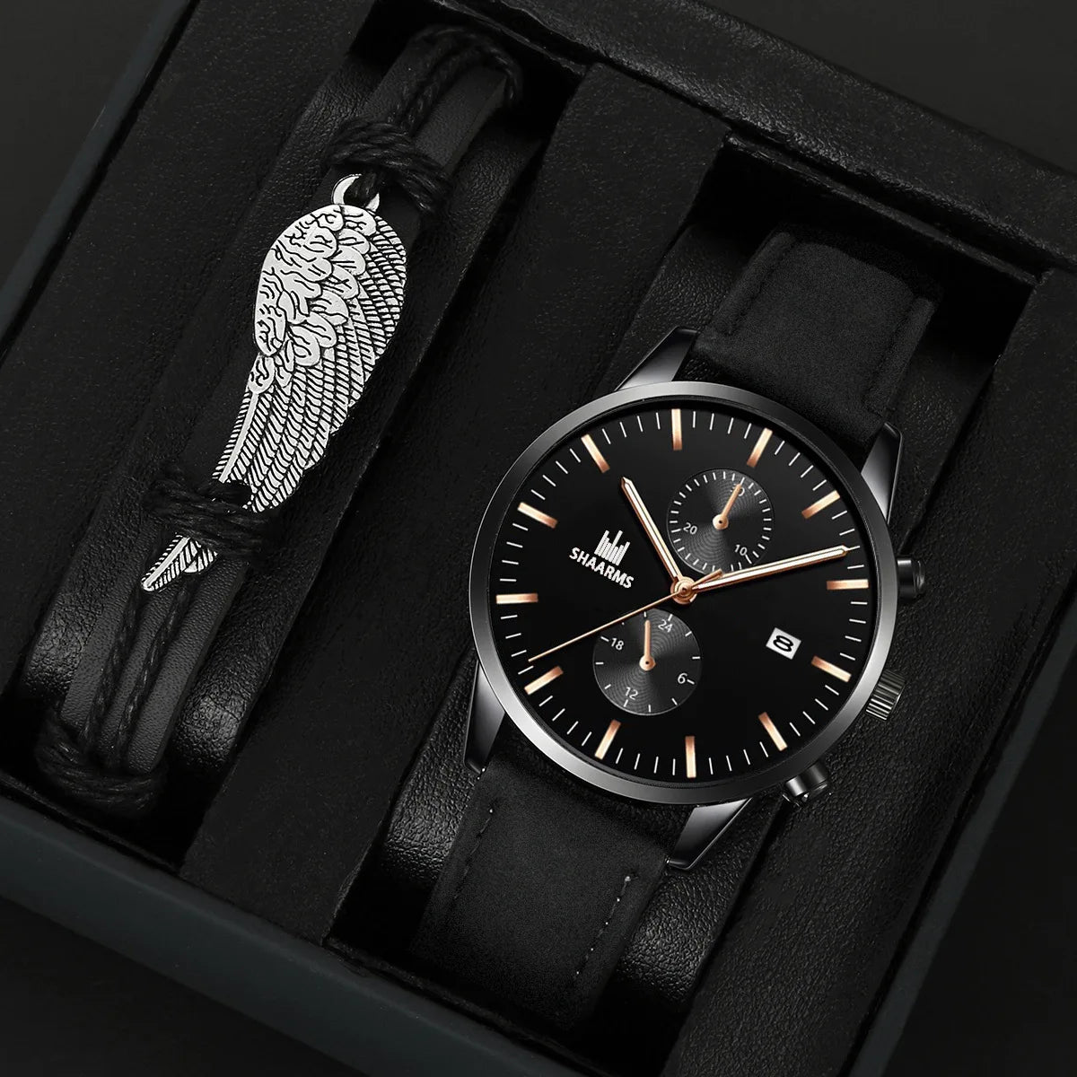 2 Pcs/Set Men Watch Bracelet Set Leather Quartz Wrist Watches Gift Set