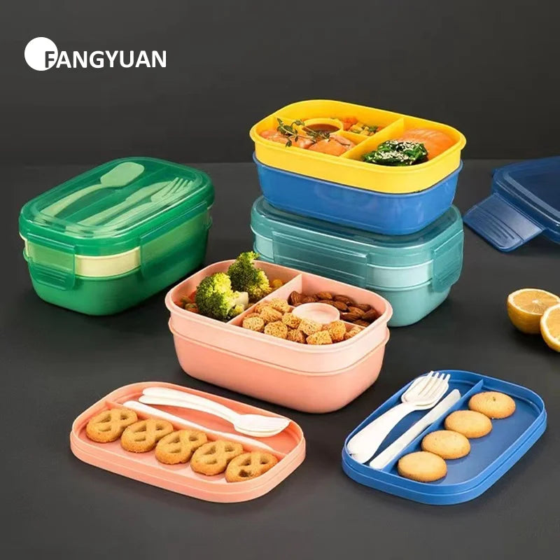 2022 Plastic 3 Layer 5 Compartment Sublimation Camping Food Containers Kids Children's Stackable Bento Lunch Box Set for Adults