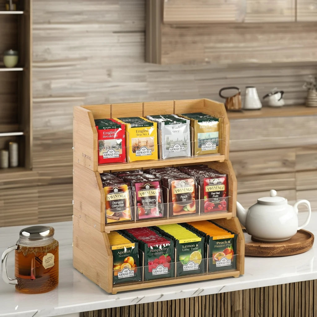 3-Layer Bamboo Tea Bag Organizer Standing Type Storage Holder for Tea Bags and Wood Tea Box Containers for Kitchen Spices