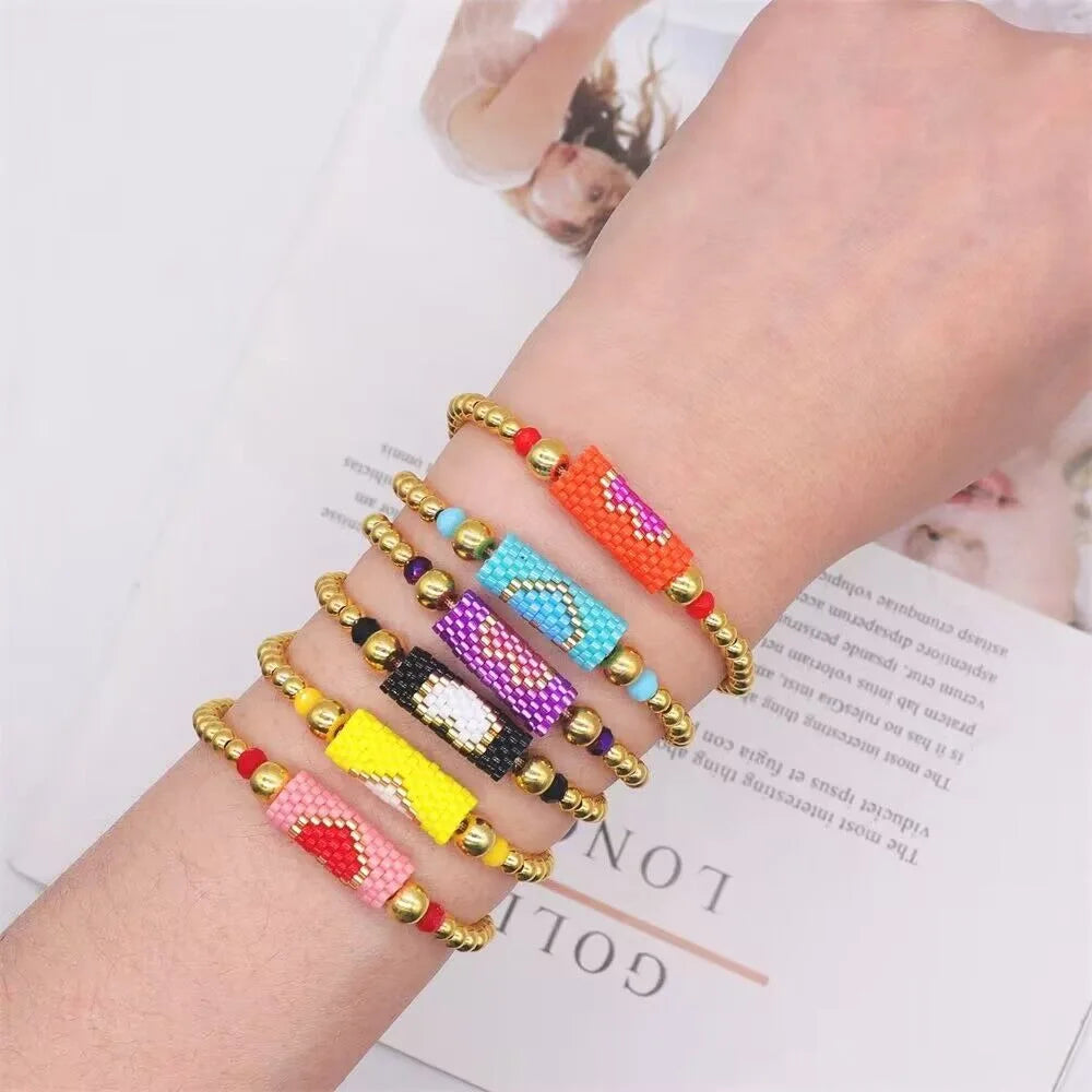 Women's Bohemian Style Best Fashion Miyuki Hearts Bracelet Adjustable Woven Ball Heart Enamel Geometric Miyuki Colored Bracelets
