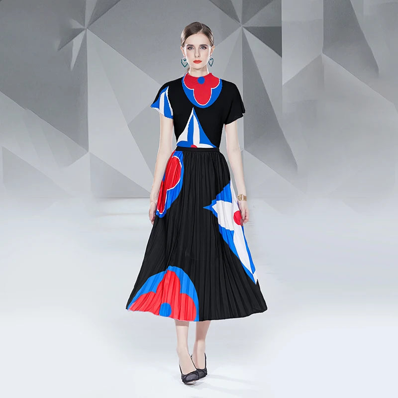 Fashion Bohemian Ruched Chiffon Woven Natural Waist Pleated Floral Digital Print Set Women Knee-Length Dresses