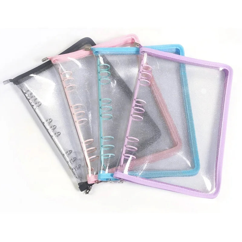 Colored Metal Clips 6 Ring Binder A6 A5 Six Holes Zipper Loose Leaf Plastic Planner Transparent Cover Folder