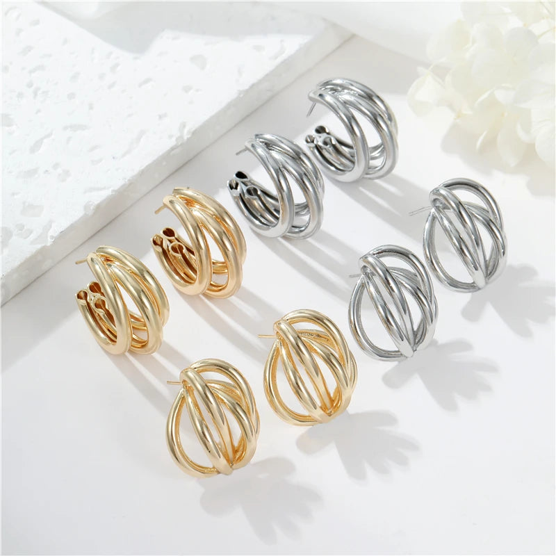 Fashion Three Layer Design Earrings Unique Tube 14K Gold Plated C Shape Brass Stud S925 Silver Needle Earrings