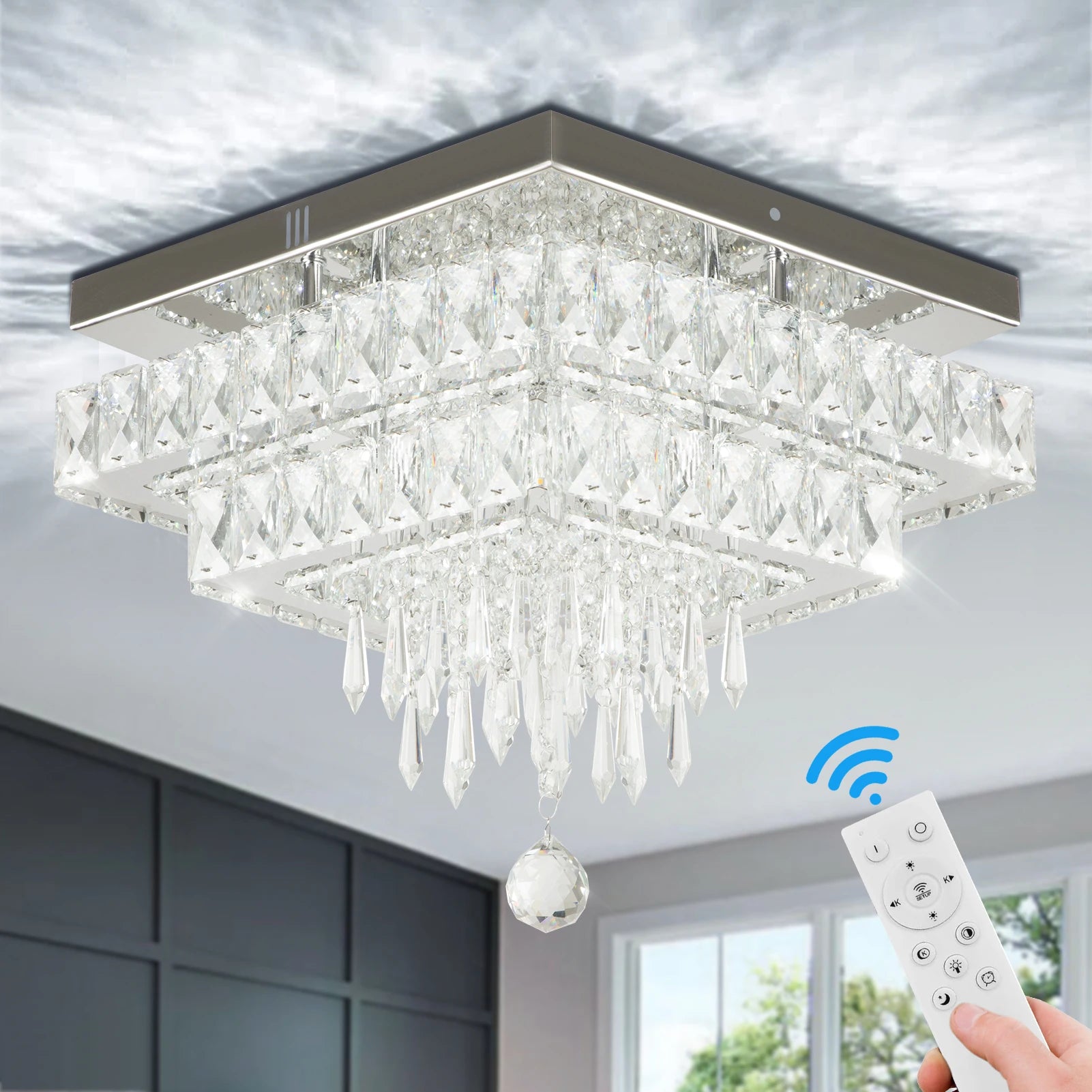 Remote Control Crystal LED Ceiling Lamp for Bedroom Square Light for Bar Application Middle Sized