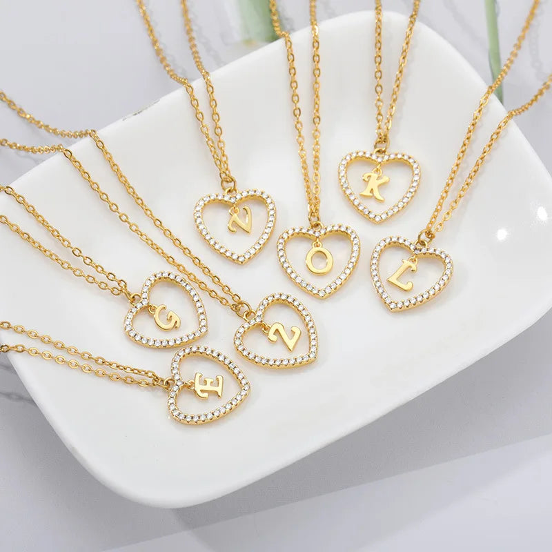 SSeeSY Joyas Gold Plated Fashion Copper Stainless Steel Jewelry Letter Heart  Initial Pendant Necklace for Women