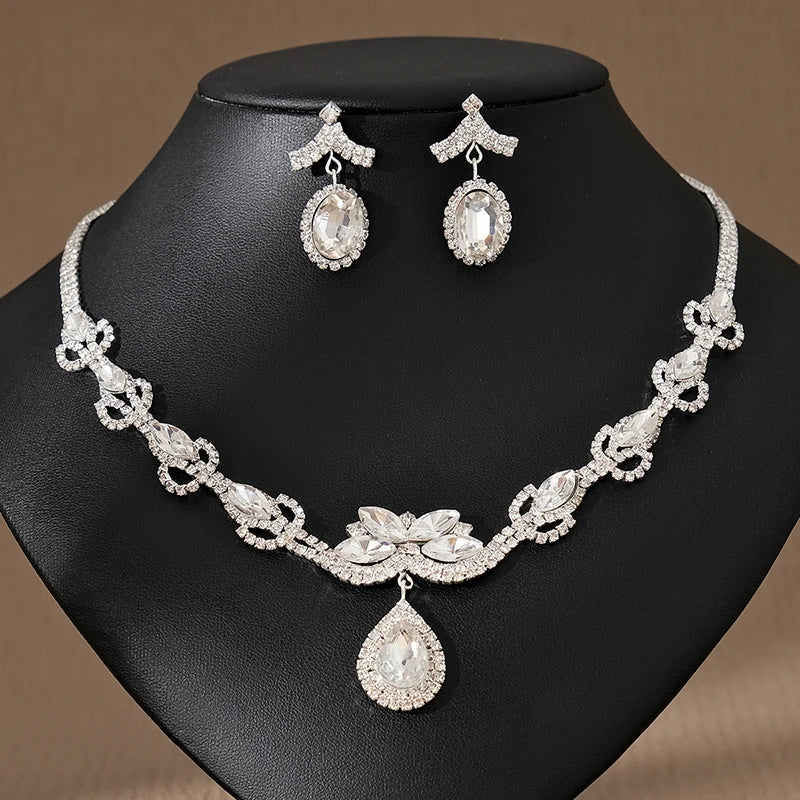 New Water Drop Rhinestone Necklace Set Bride Wedding Jewelry Set Double Water Drop Crystal Earrings Valentine's Day
