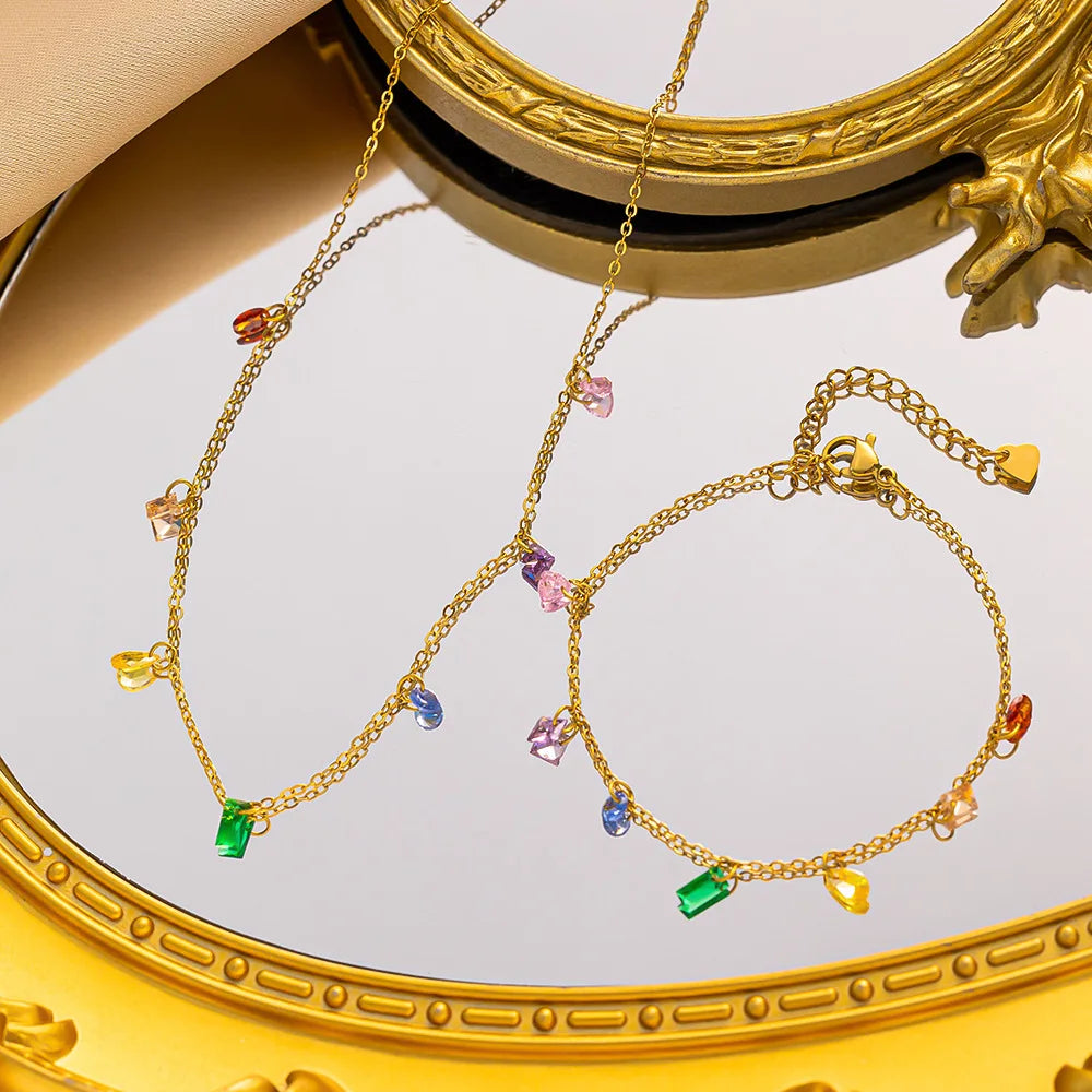 Non Tarnish 18k Gold Plated Colorful Diamond Necklace Bracelet Zircon Birthstone Stainless Steel Fine Fashion Jewelry Sets Women