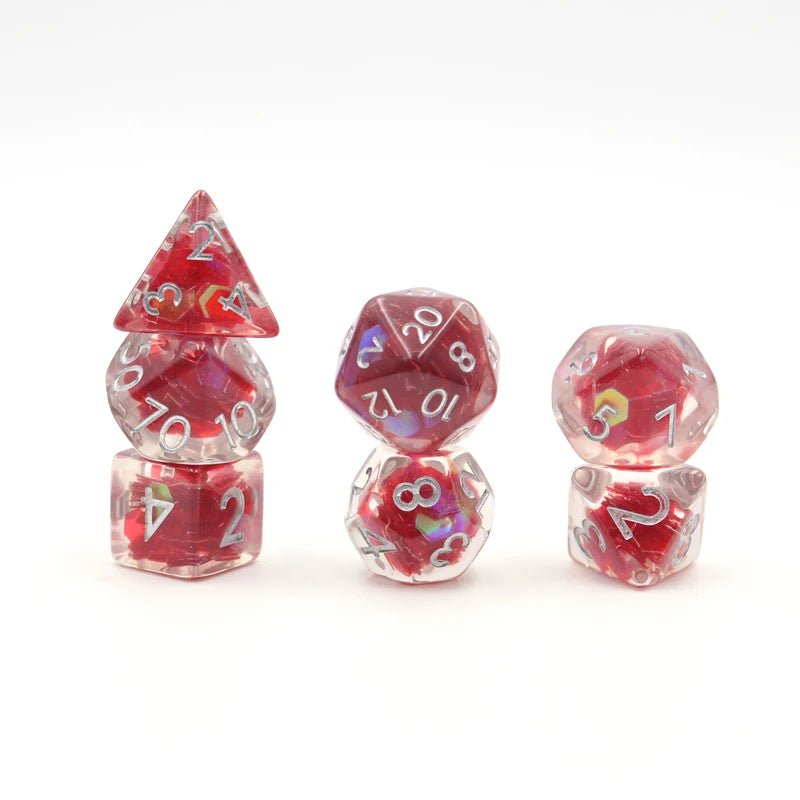 Custom Game D4 D6 D8 D10 D12 D20 D% DND Polyhedral Red Flake Inside with Silver Ink Dice