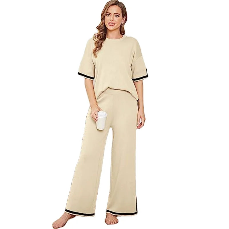 2023 European and American Women's Summer New Knitting Set Sweater Set Short Sleeve Pullover Wide Leg Pants