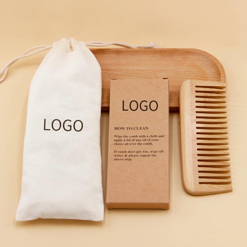 Handmade Natural Bamboo Wooden Wide Tooth Hair Comb Biodegradable Eco-Friendly Scalp Massage Comb Custom Logo Box Packaging Home