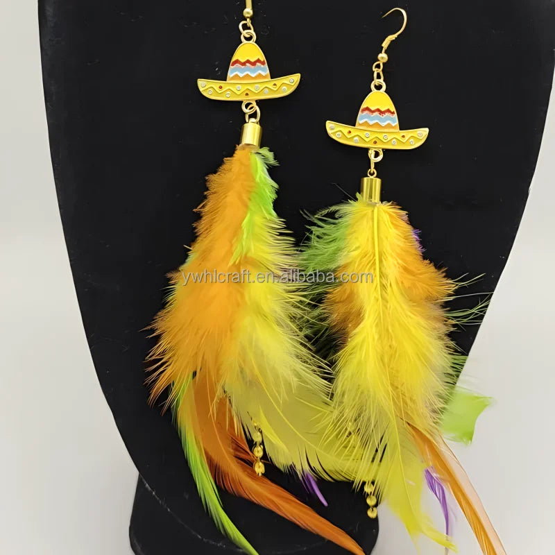 Dia De Los Muertos Party Jewelry Trendy Gold-Plated Earrings with Feathers and Dangles for Day of the Dead Mexico Enamel Gift