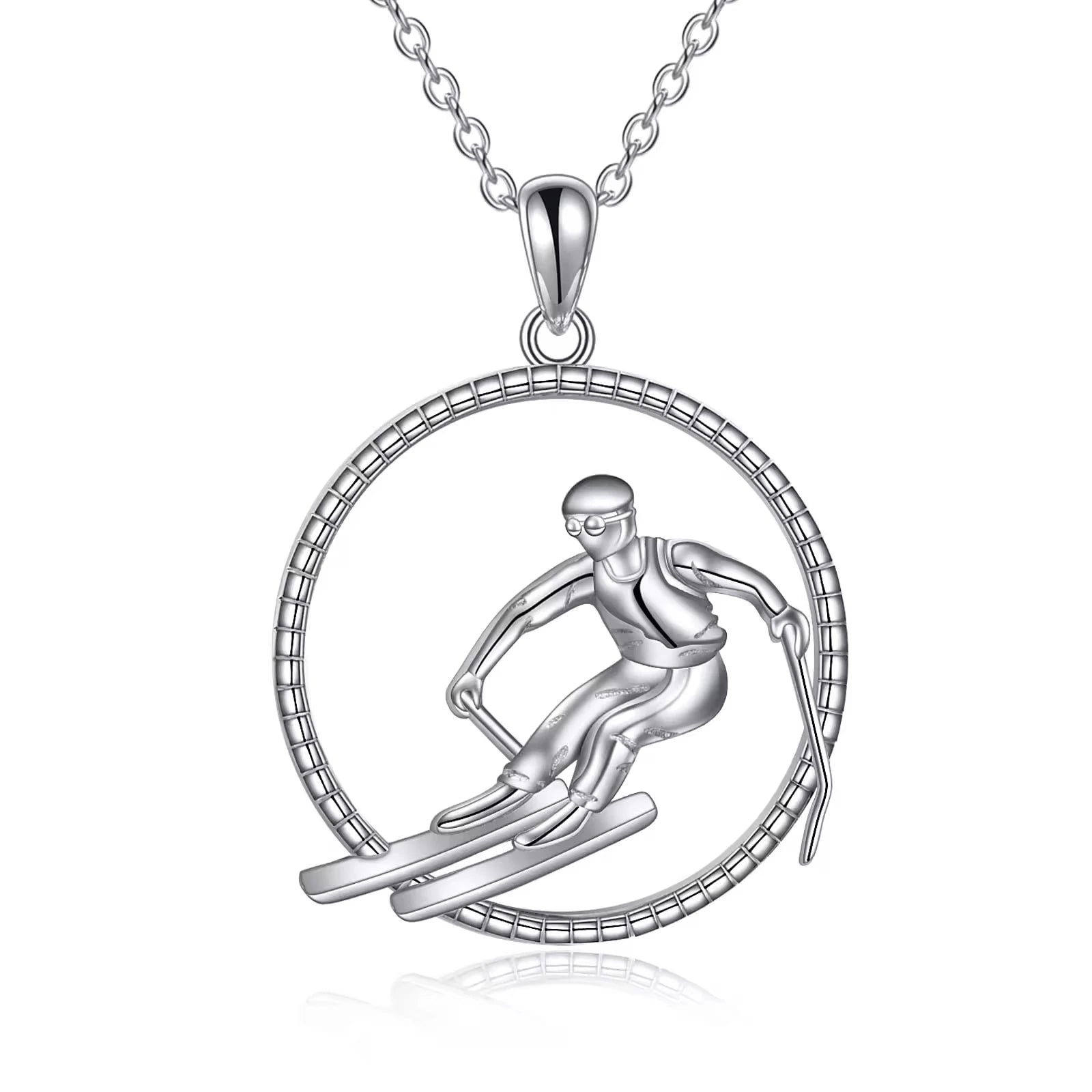 Casual Sporting Jewelry 925 Sterling Silver Rhodium Plated Ski Circle Pendant Necklace