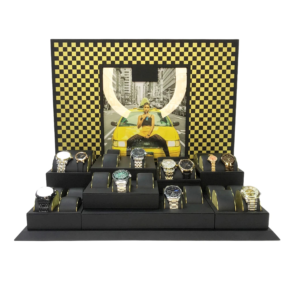 SUNDO New Design 29 Slots Eco-friendly Black Metal PU Leather Luxury Watch Display Stand (54x38x46cm)