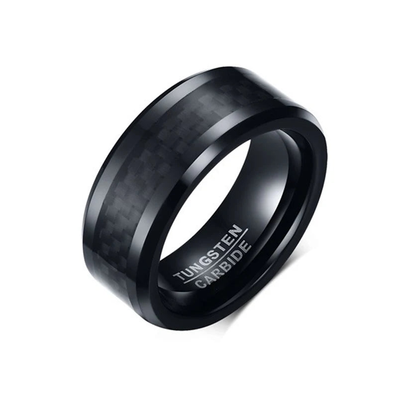 High Polished Finish Comfort Fit 8mm Carbide Fiber Inlay Black Plated Tungsten Ring for Men