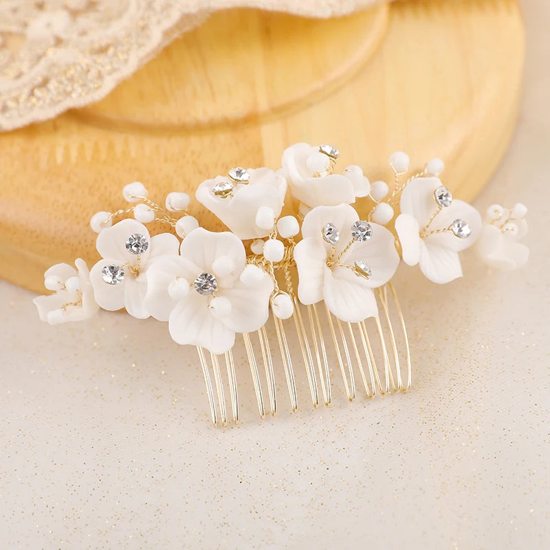 Women Porcelain Bridal Hair Comb  Bride Hair Accessories White Ceramic Flower Wedding  Hair Combs