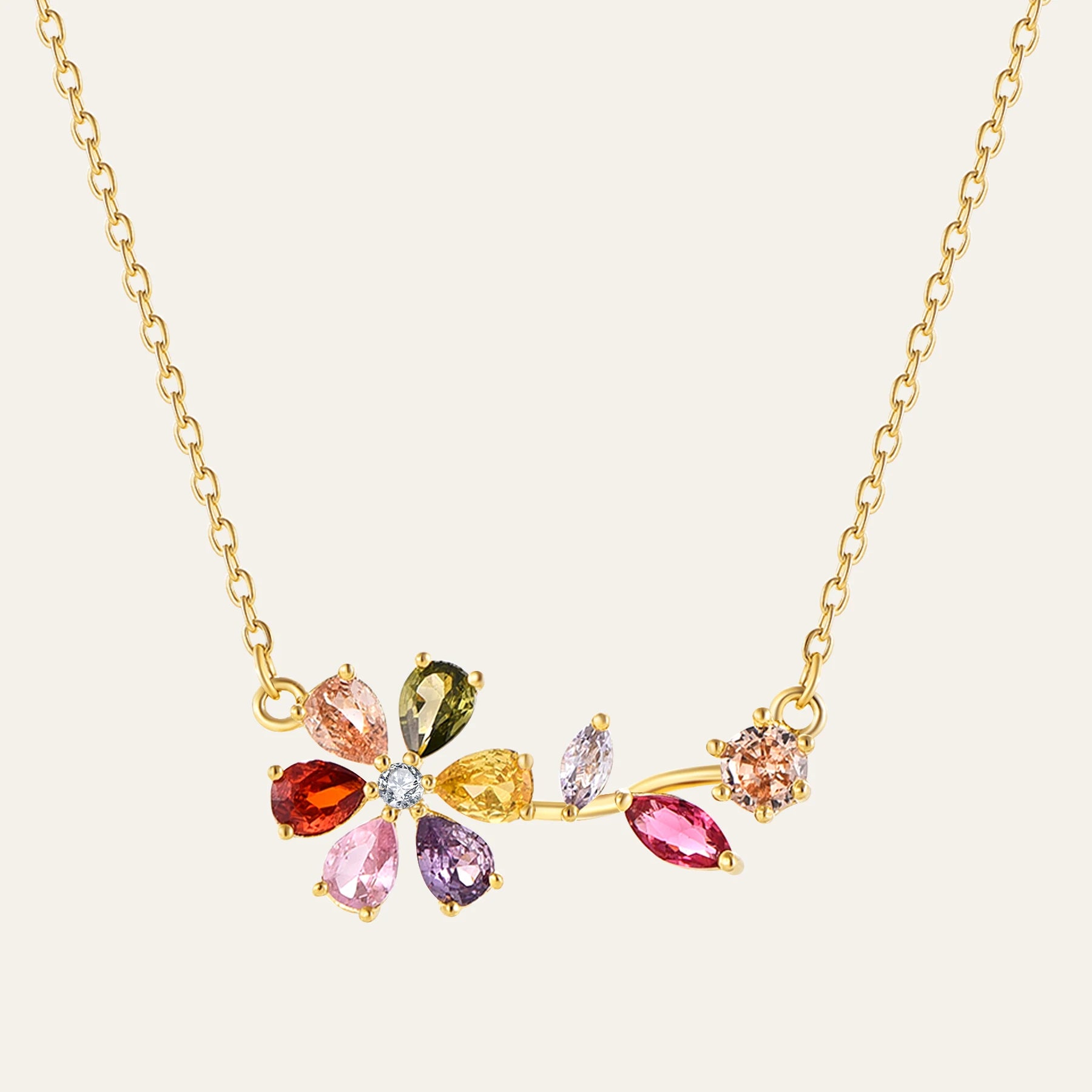 Hot Selling Horizontal Colorful Flower Charm Necklace 925 Sterling Silver Luxury Cubic Zircon Petals Pendant Necklace Women