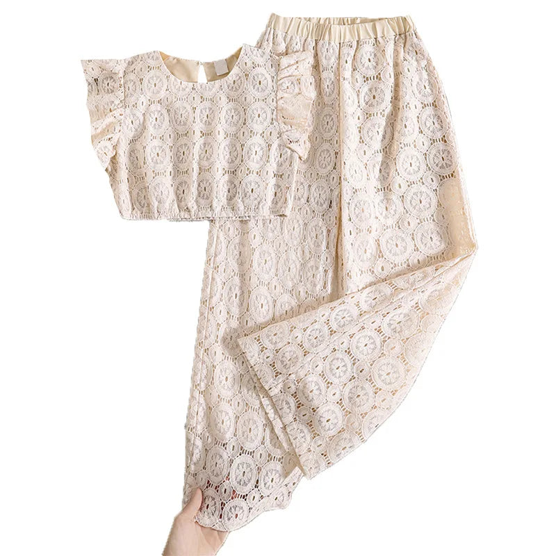 2025 New Summer Big Girls Casual Clothes Set Teenager Hollow t Shirt Pants Two Piece 8-12Y Girls Clothing Sets
