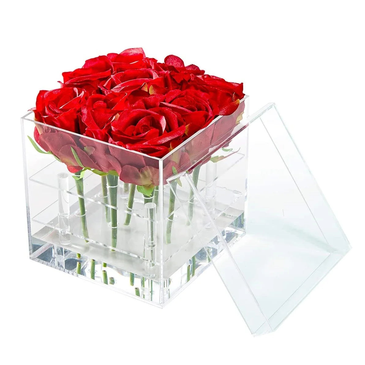 2 Tiers 9 Holes Acrylic Flower Box Water Holder Clear Rose Pots Stand Decorative Square Vase with Removable Acrylic Flower Box