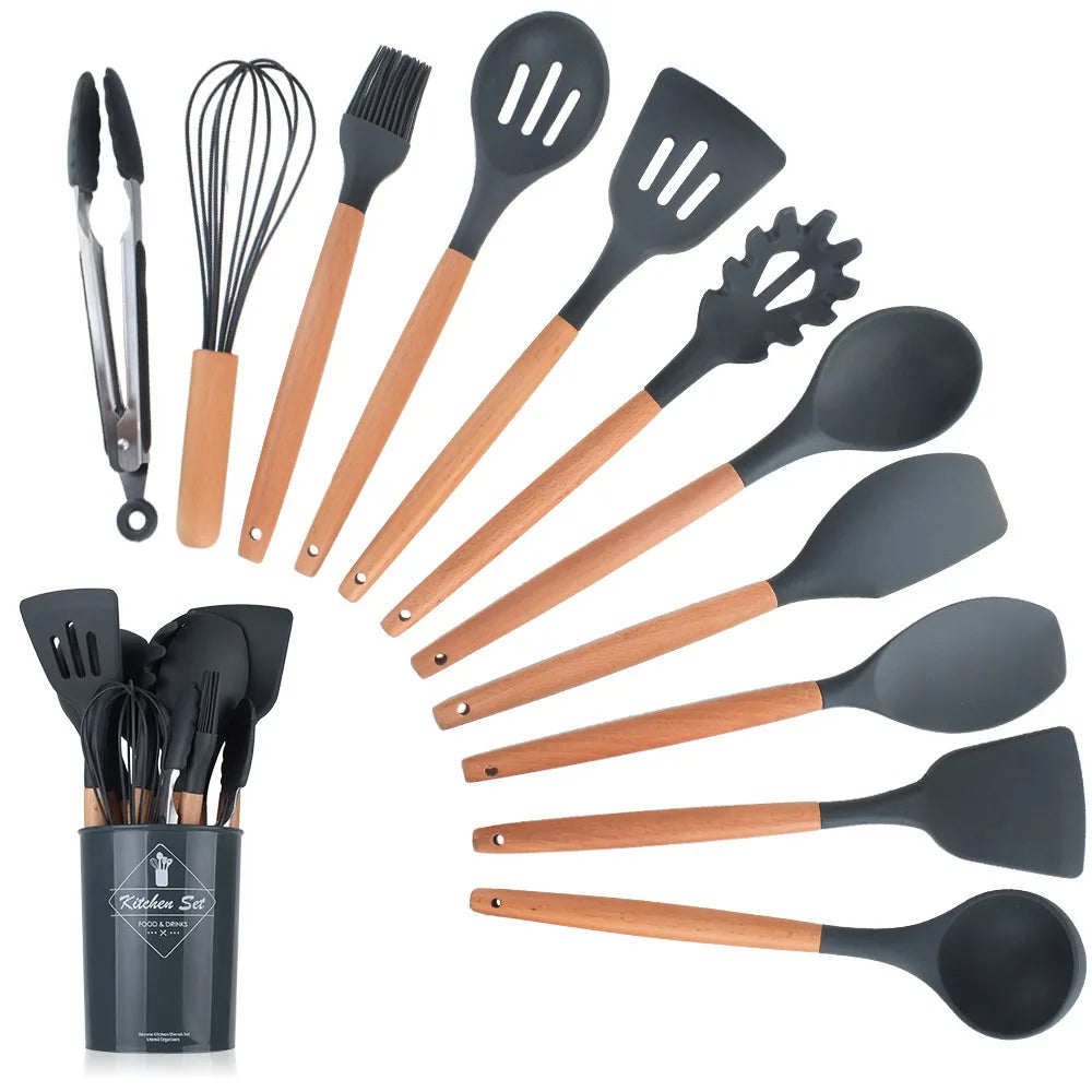 Wooden Handle Kitchenware Silicone Spoon Houseware Kitchenware Silicone 12pcs Silicone Kitchenware Set