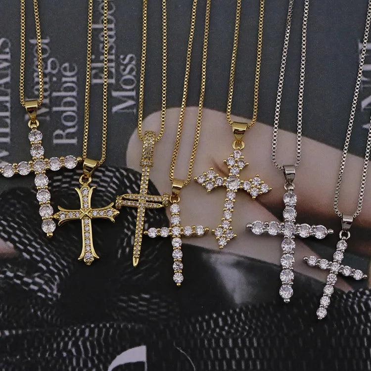 NZ1076 New Silver Rose Gold 18K Gold Diamond the Christian Religion Jewelry Chic Cubic Zirconia CZ Micro Pave Cross Necklace