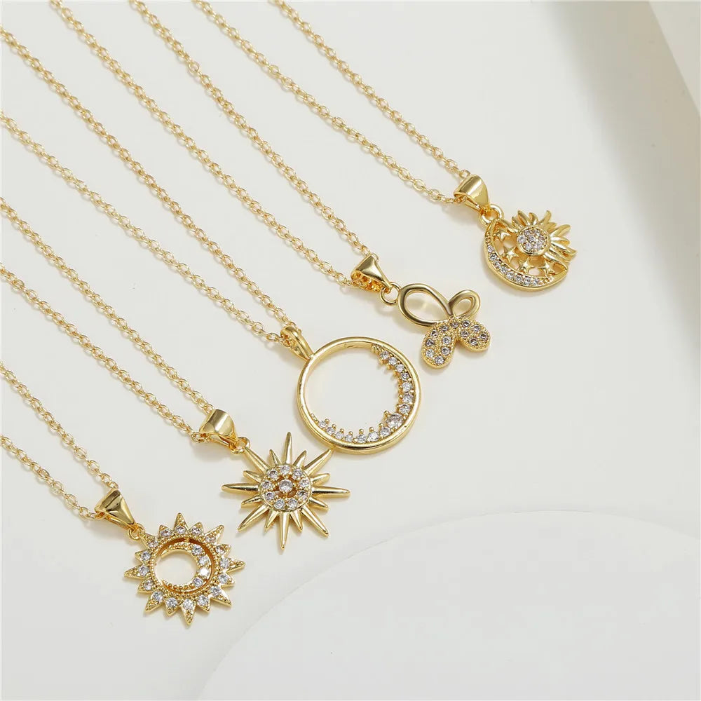 SC Hot Selling Gold Plated Necklace Copper Set Zircon Choker Necklace Flower Butterfly Moon Sun Pendant Necklace for Women