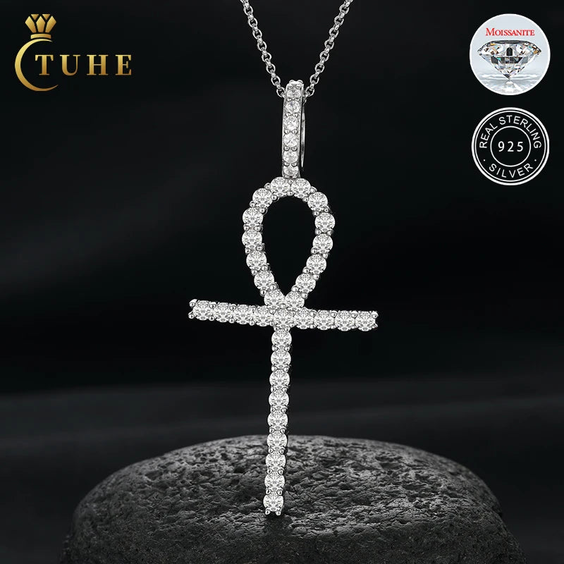 D Color VVS Moissanite Cross Pendant Egyptian Ankh Ice Out Hip Hop Festival Gift Jewelry 925 Sterling Silver Key Pendant