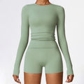 F230718 Custom Crop Top Shirt and Short Legging Yoga Sets Women Fitness Gym Workout Biker Shorts Set Long Sleeve Shorts Set