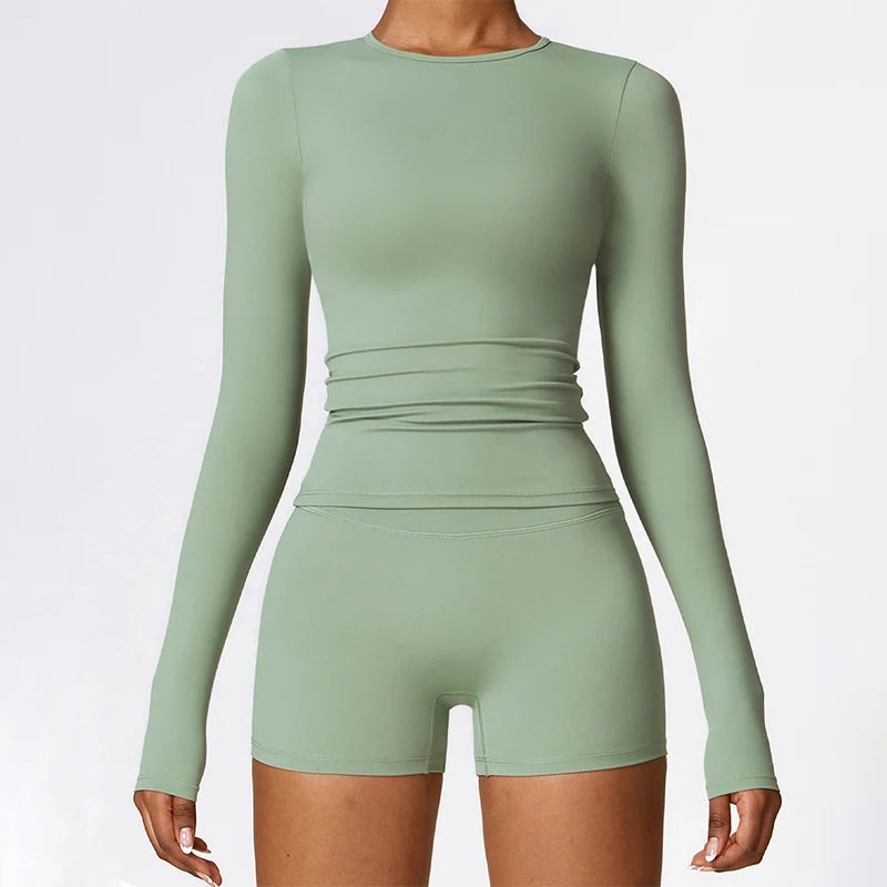 F230718 Custom Crop Top Shirt and Short Legging Yoga Sets Women Fitness Gym Workout Biker Shorts Set Long Sleeve Shorts Set