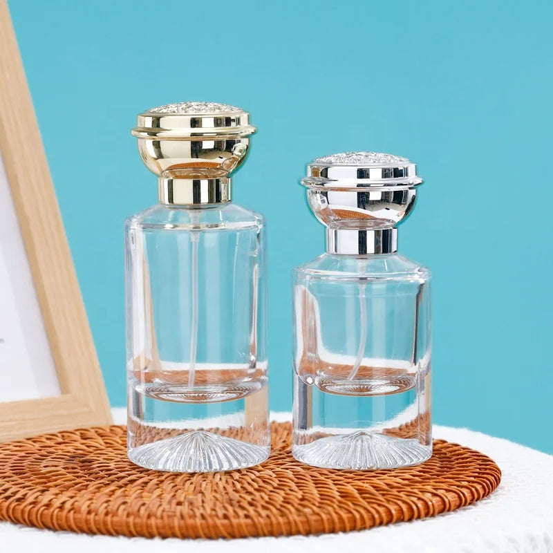 Stock 30ml 50ml Empty Round Clear Glass Perfume Spray Bottle with Pump Spray Cap Screen Printing 100pcs MOQ