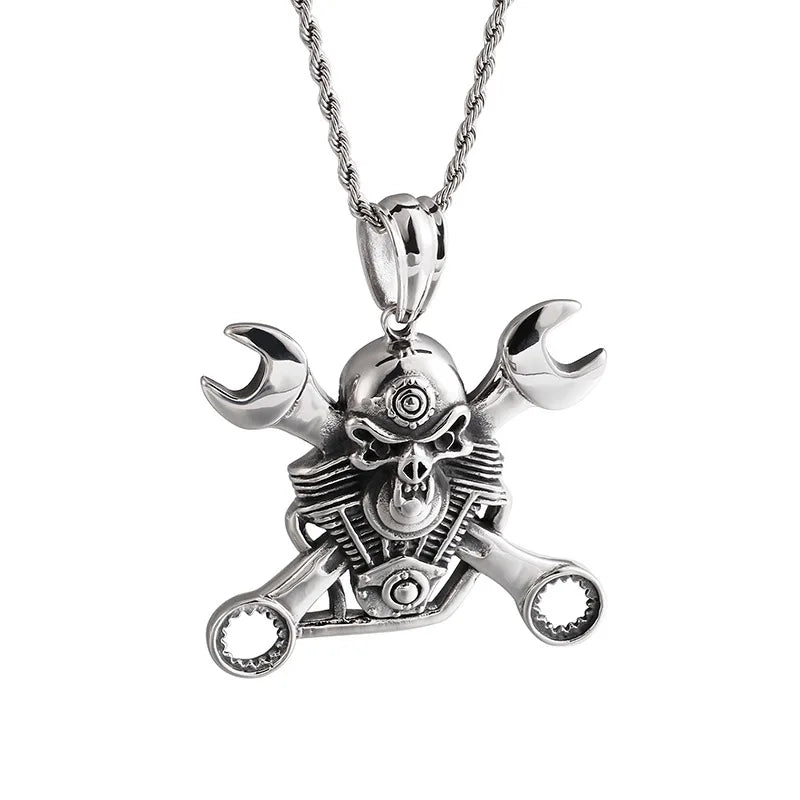 Wholesale Gothic Punk 316L Stainless Steel Skull Necklace With Spanner Fine Pendant Men Jewelry