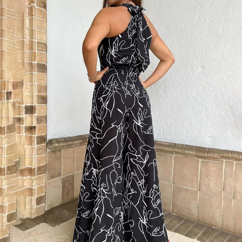 S-3XL Summer European and American Women's Fashion Print Waist Tie up Sleeveless Casual Fashion Jumpsuit