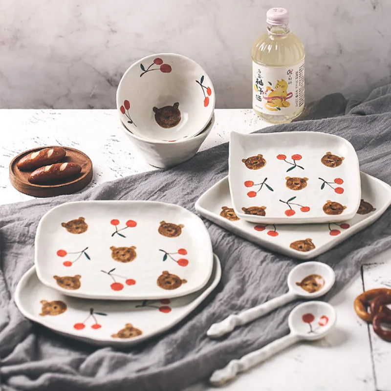 Solhui Original Style Hand-painted Pottery Cherry Bear Tableware Japanese Household Bowl Plate Wholesale