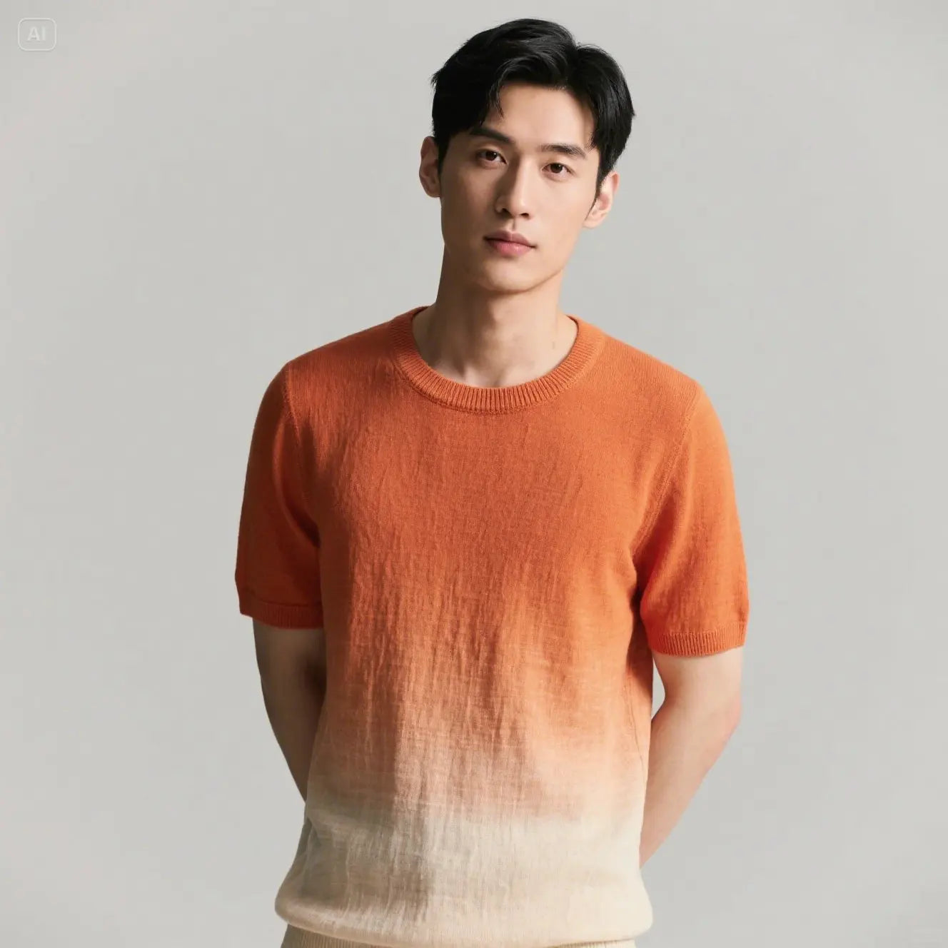 Men's Gradient Linen-Cotton Crewneck Short-Sleeve Knit Shirt Lightweight Summer Tee