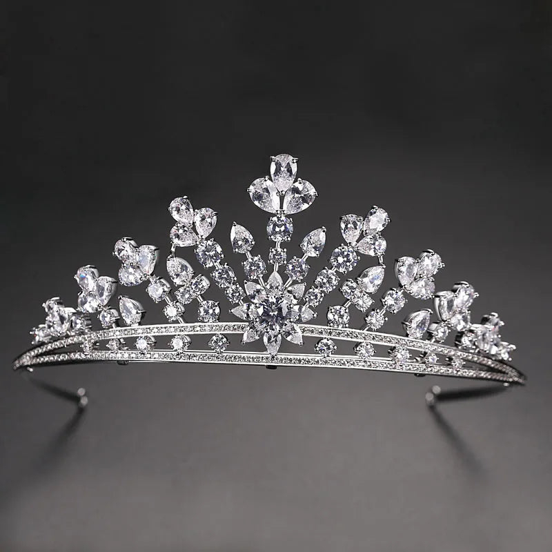 SLBRIDAL Copper Alloy Micro Pave Cubic Zircon Wedding Tiara Headband Bridal Queen Princess CZ Crown Bridesmaids Women Jewelry
