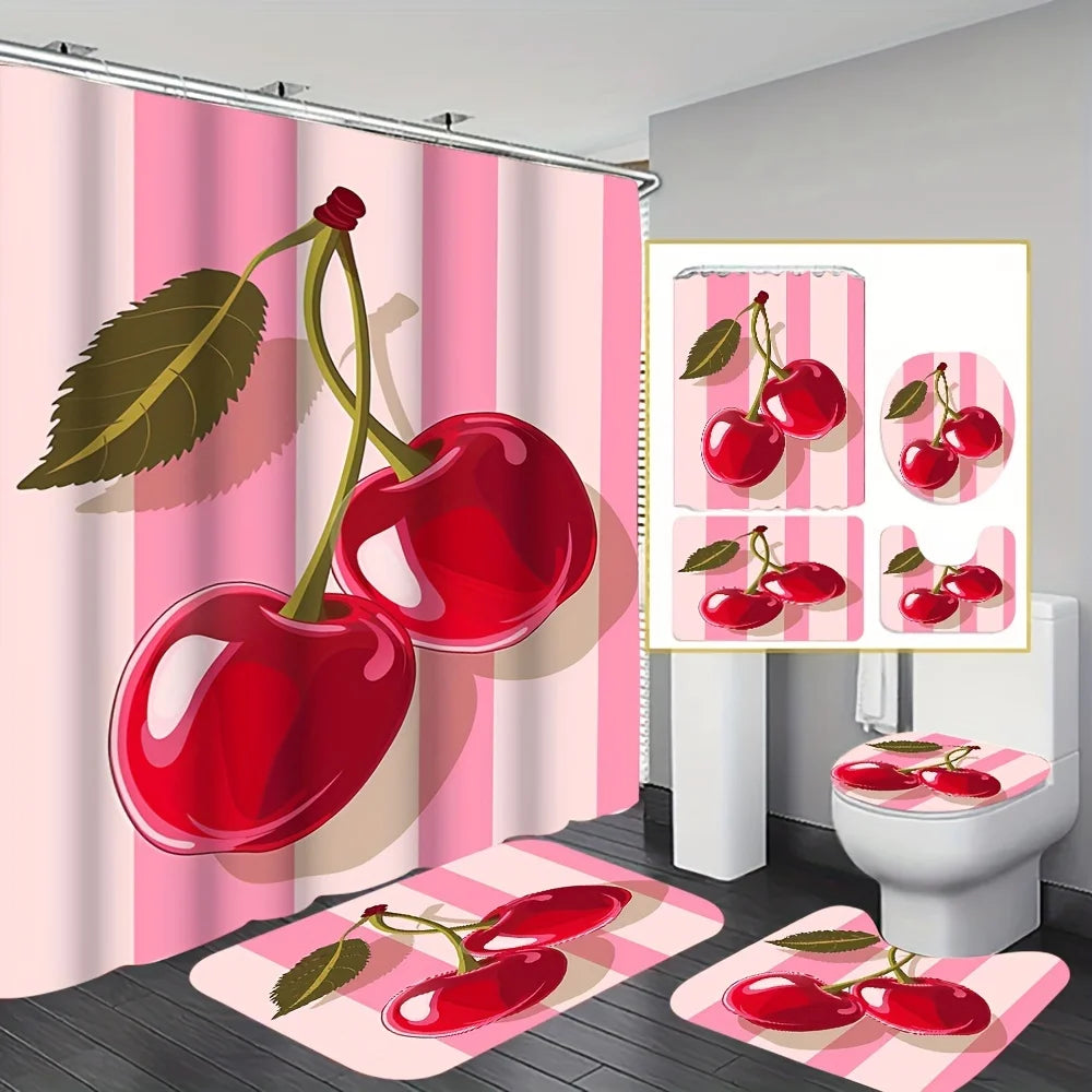 Custom 4pcs Cherry Design Polyester Bathroom Set Includes Classic Digital Printed Bath Shower Curtains Complete Waterproof
