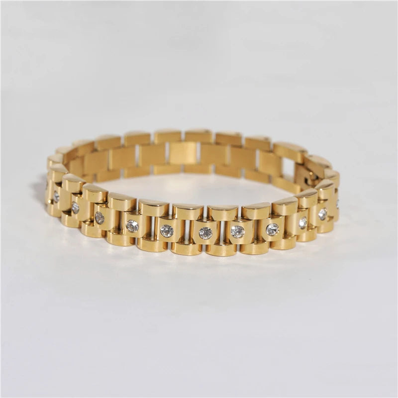 18K PVD Gold Plated Link Chain Chunky CZ Crystal Band Stainless Steel Bracelet Fashion Jewelry MegaBDM