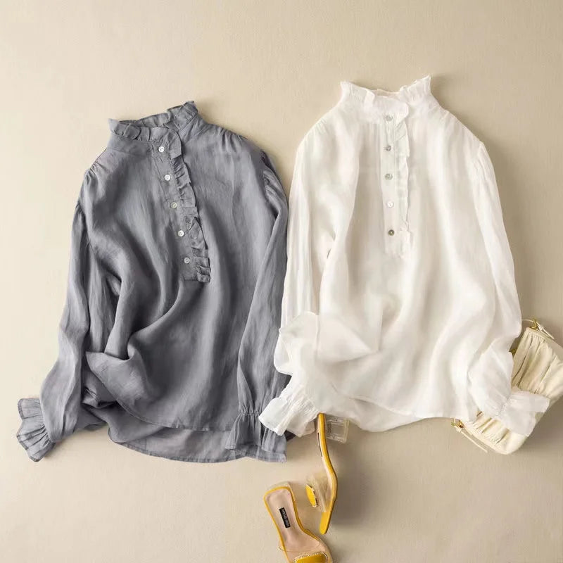Elegant Retro White Light Sheer Breathable Petal Stand Collar Blouse for Women Korea Style Cotton Linen with Lace Decoration