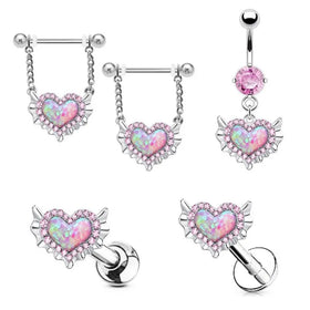 pink Heart-shaped Belly Button Ring Heart Opal Belly Button Prong Navel Ring Set for Women