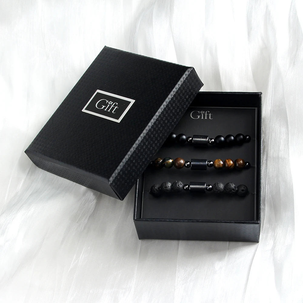 New Vintage Volcanic Stone Hematite Matt Black lava Tiger Eye Handmade Beaded Elastic 3pcs Gift Box  Bracelet Set